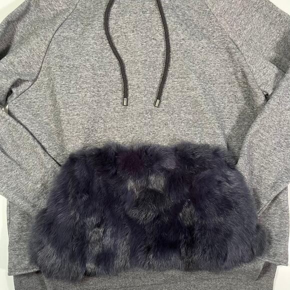 NWOT Jocelyn Small Fur Trim Pullover Hoodie Heather Gray Navy Blue Sweatshirt - Picture 2 of 11